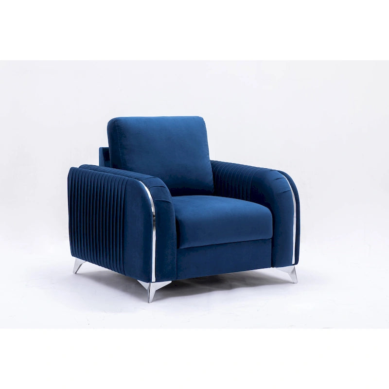Fauteuil d'appoint moderne en velours bleu, avec piètement en chrome poli