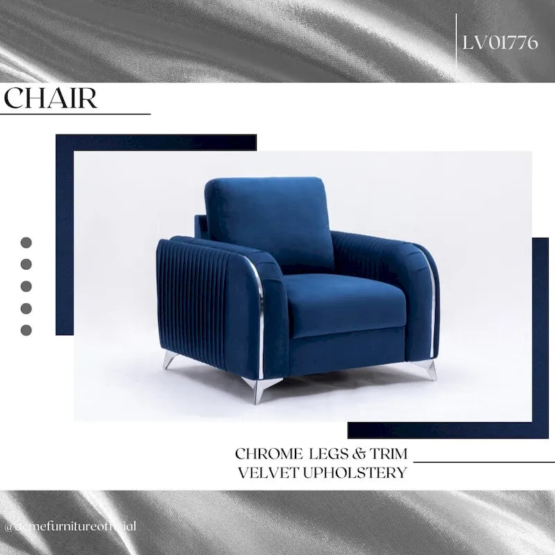Fauteuil d'appoint moderne en velours bleu, avec piètement en chrome poli