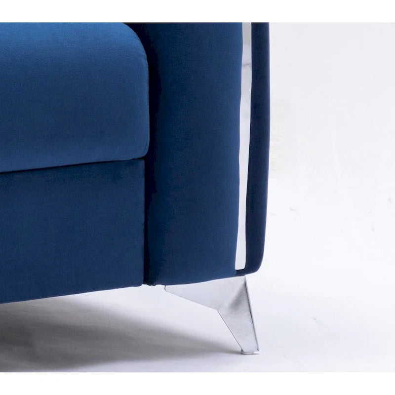 Fauteuil d'appoint moderne en velours bleu, avec piètement en chrome poli