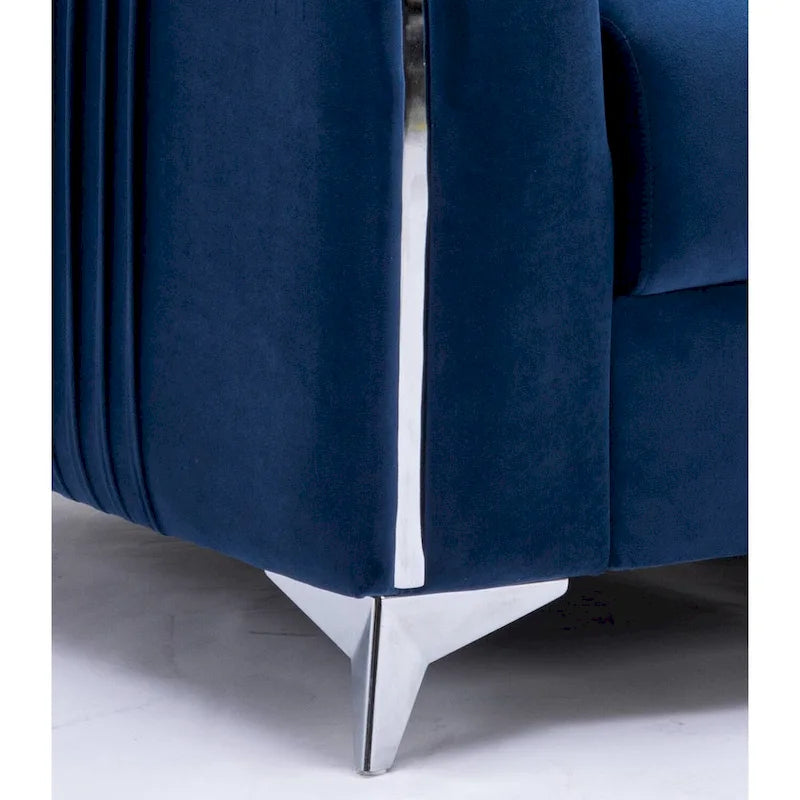 Fauteuil d'appoint moderne en velours bleu, avec piètement en chrome poli