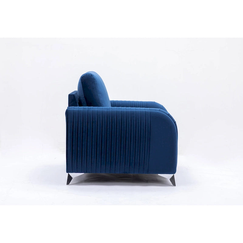 Fauteuil d'appoint moderne en velours bleu, avec piètement en chrome poli
