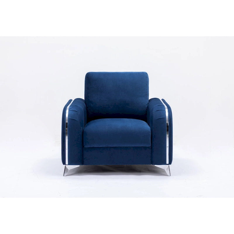 Fauteuil d'appoint moderne en velours bleu, avec piètement en chrome poli