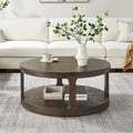 Table basse ronde moderne à 2 niveaux avec plateau imitation grain de bois et 4 roulettes en dessous