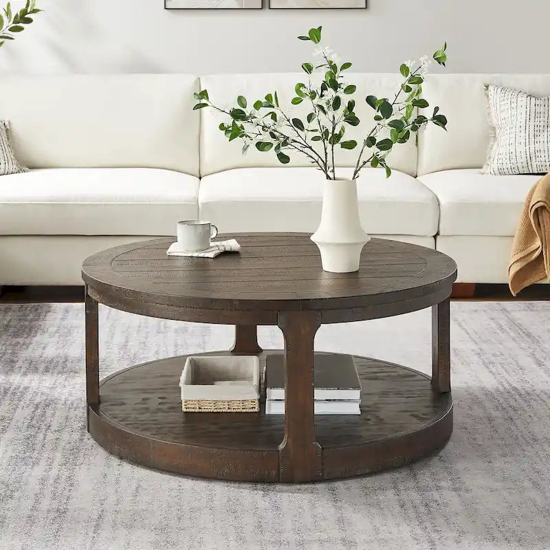 Table basse ronde moderne à 2 niveaux avec plateau imitation grain de bois et 4 roulettes en dessous