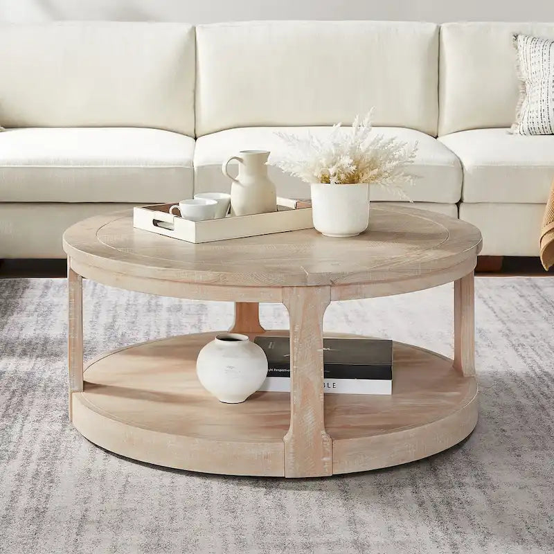 Table basse ronde moderne à 2 niveaux avec plateau imitation grain de bois et 4 roulettes en dessous