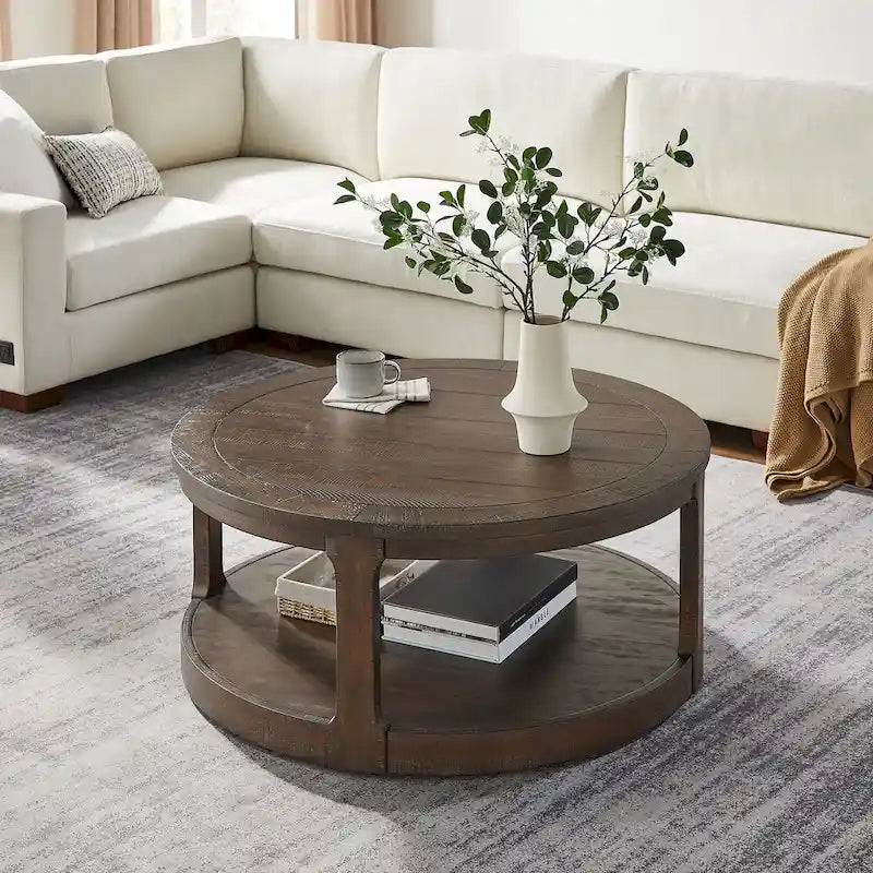 Table basse ronde moderne à 2 niveaux avec plateau imitation grain de bois et 4 roulettes en dessous