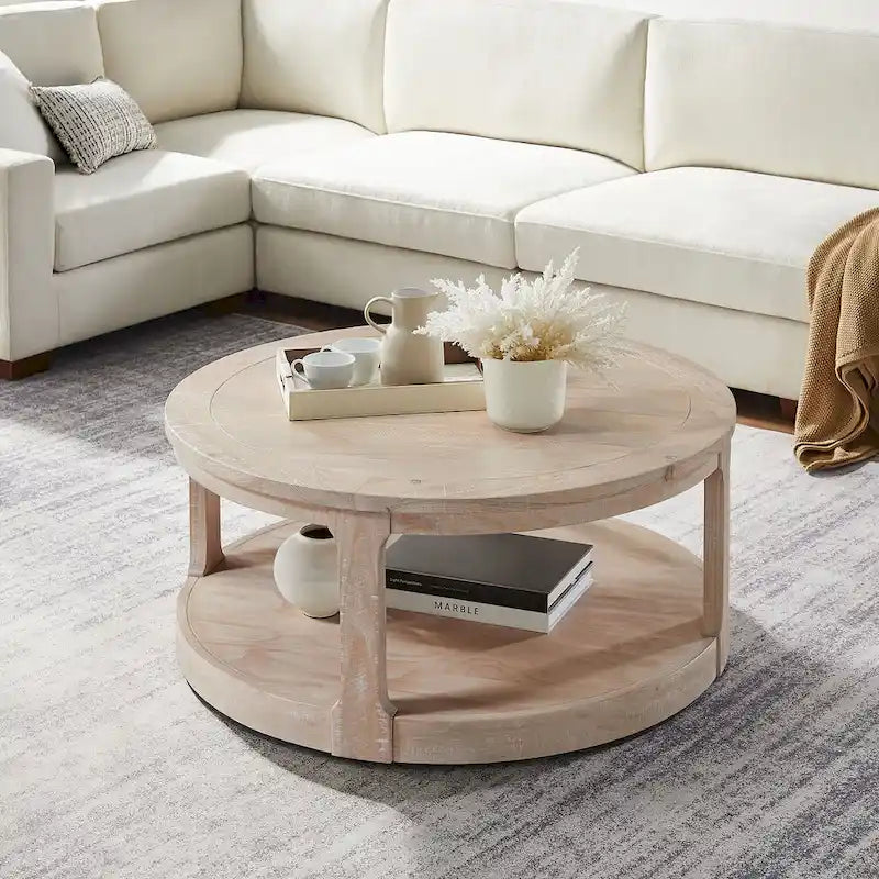 Table basse ronde moderne à 2 niveaux avec plateau imitation grain de bois et 4 roulettes en dessous