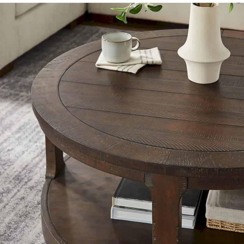 Table basse ronde moderne à 2 niveaux avec plateau imitation grain de bois et 4 roulettes en dessous