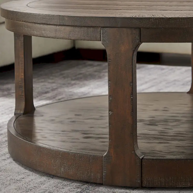 Table basse ronde moderne à 2 niveaux avec plateau imitation grain de bois et 4 roulettes en dessous