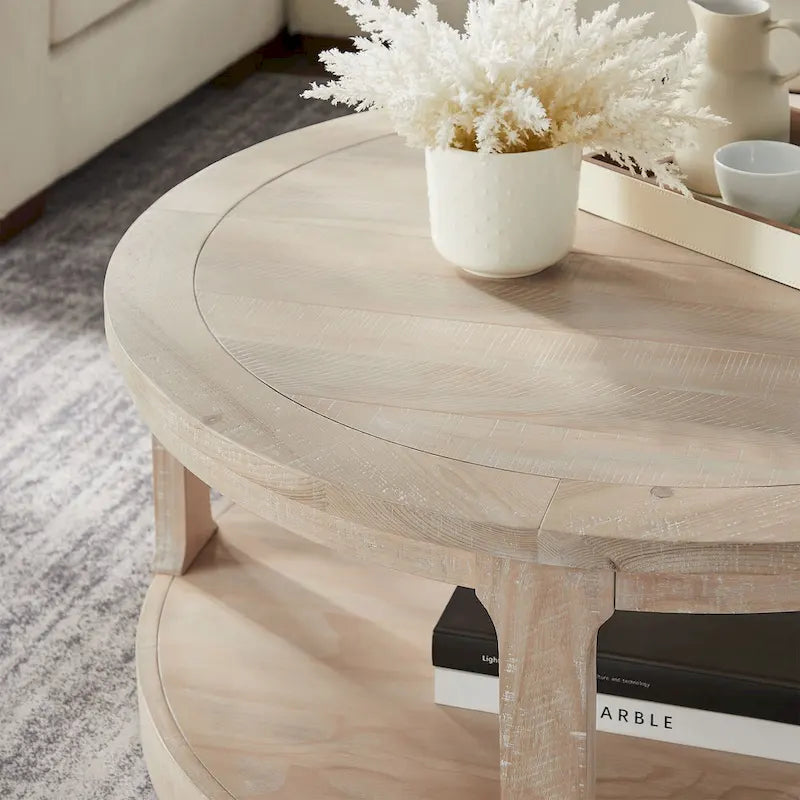 Table basse ronde moderne à 2 niveaux avec plateau imitation grain de bois et 4 roulettes en dessous