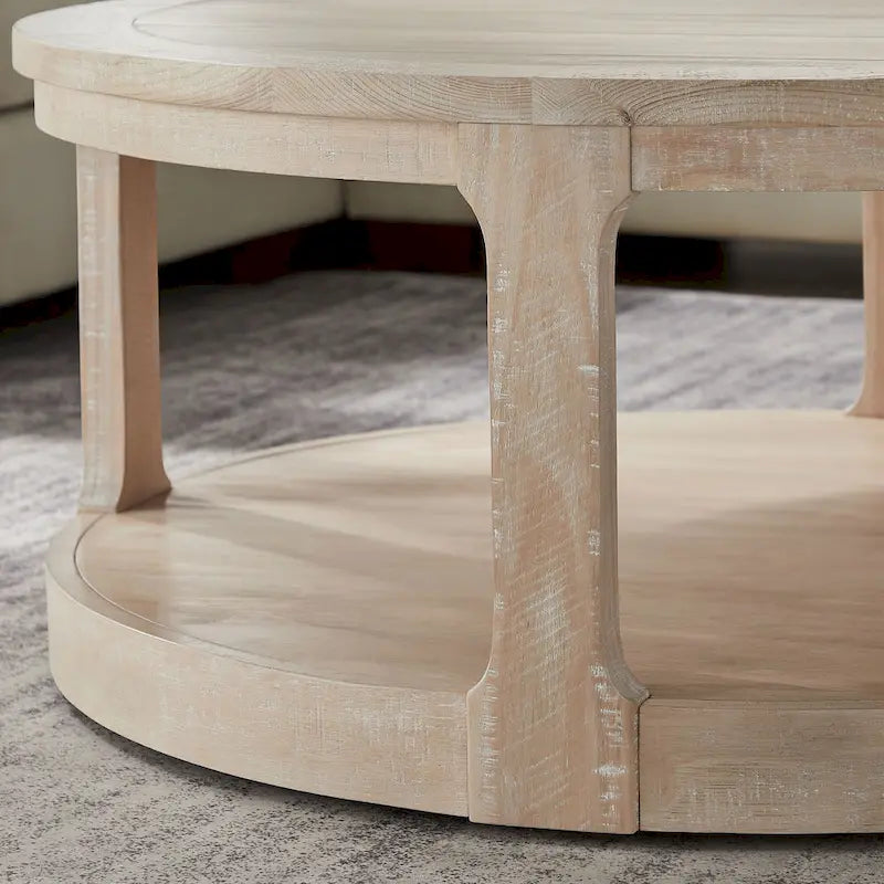 Table basse ronde moderne à 2 niveaux avec plateau imitation grain de bois et 4 roulettes en dessous