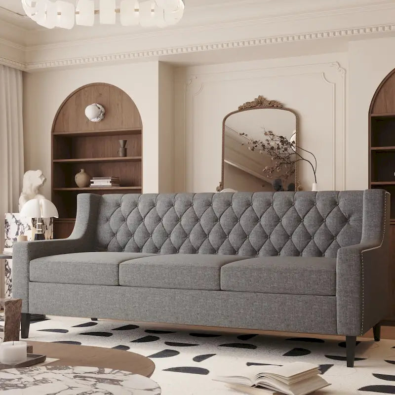 Canapé 3 places en tissu de style Mid-Century Modern avec dossier capitonné