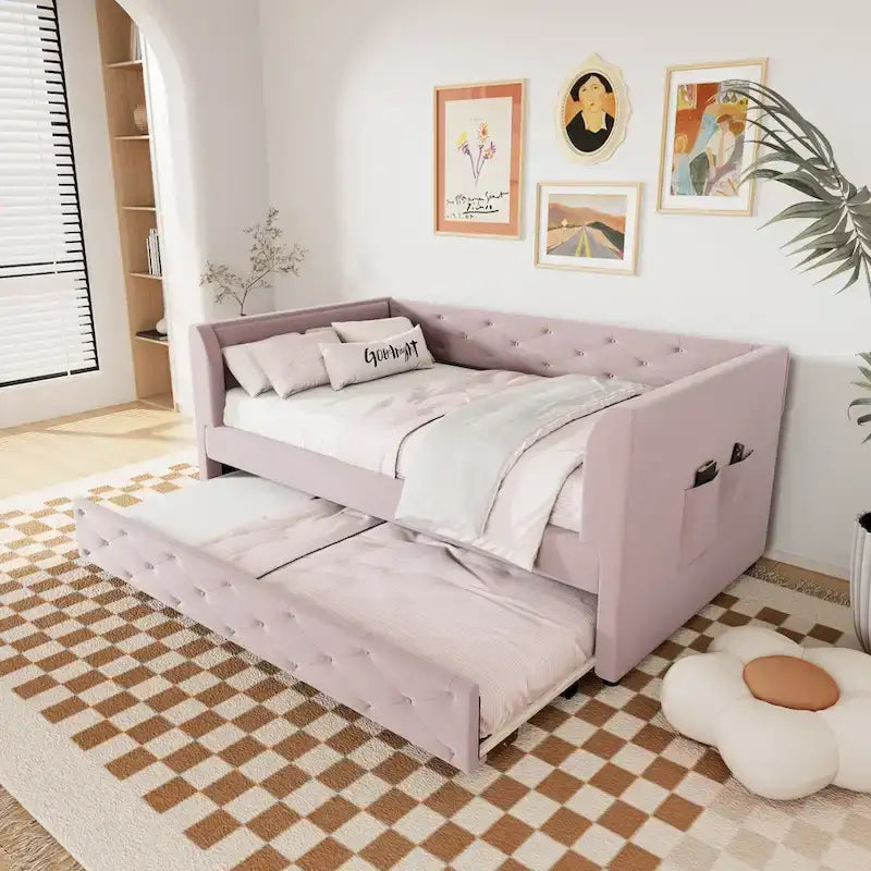 Twin Velvet Tufted Daybed with Trundle & Storage