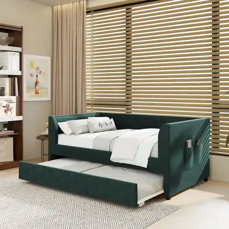 Lit de repos double en velours capitonné avec lit gigogne et rangement