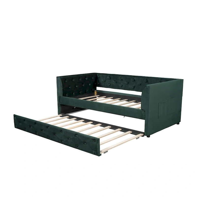 Lit de repos double en velours capitonné avec lit gigogne et rangement