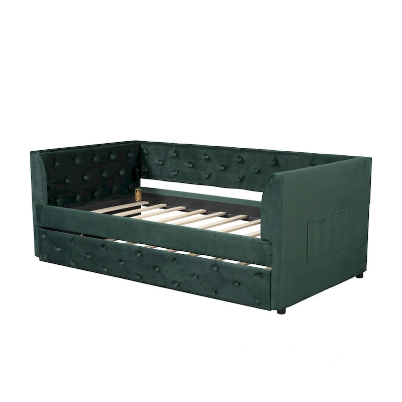 Lit de repos double en velours capitonné avec lit gigogne et rangement