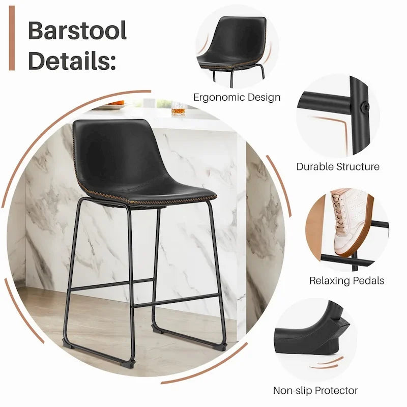 Tabourets de bar classiques en similicuir de 66 cm (hauteur comptoir) avec dossier et pieds en métal