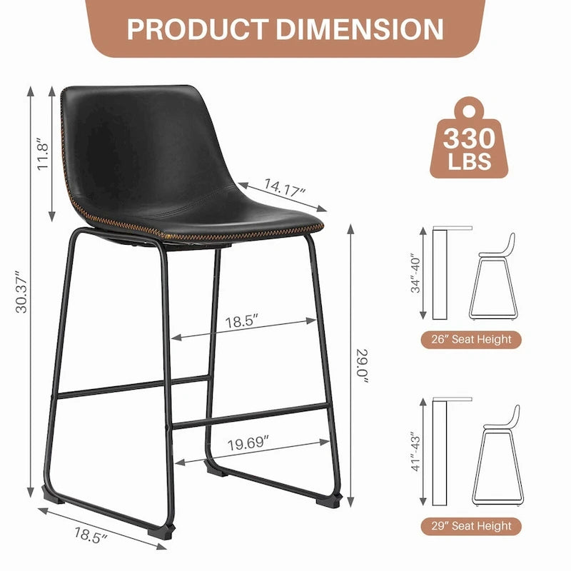 Tabourets de bar classiques en similicuir de 66 cm (hauteur comptoir) avec dossier et pieds en métal