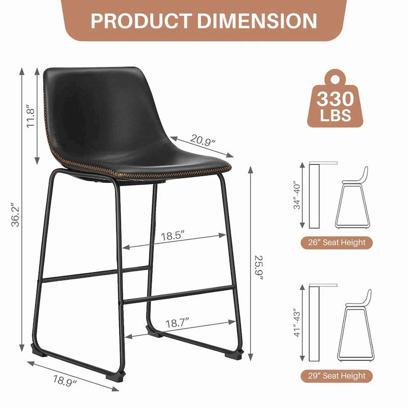 Tabourets de bar classiques en similicuir de 66 cm (hauteur comptoir) avec dossier et pieds en métal