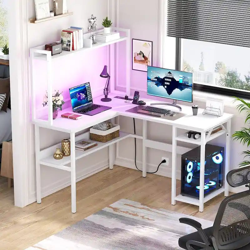 Bureau d'ordinateur en L avec huche et étagères de rangement, table de jeu d'angle