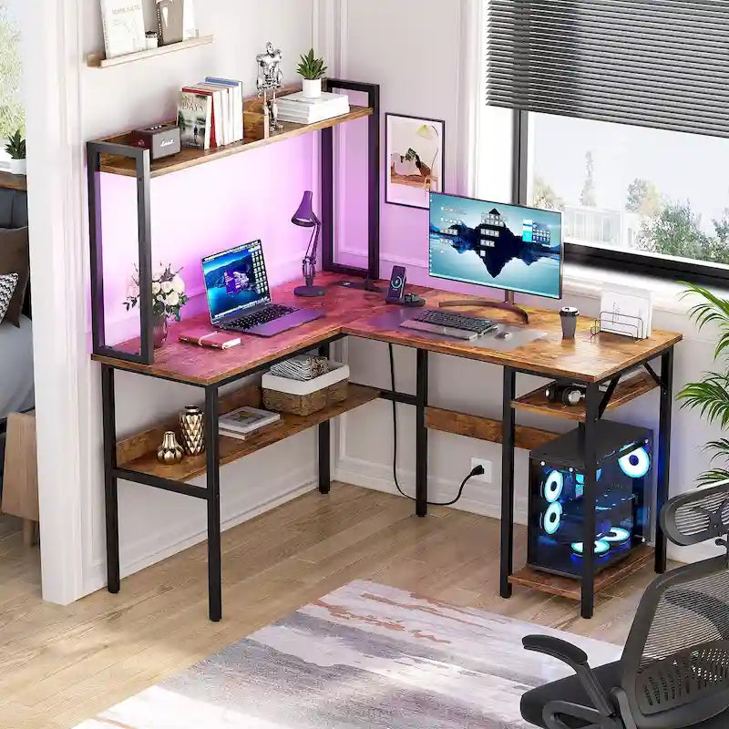 Bureau d'ordinateur en L avec huche et étagères de rangement, table de jeu d'angle