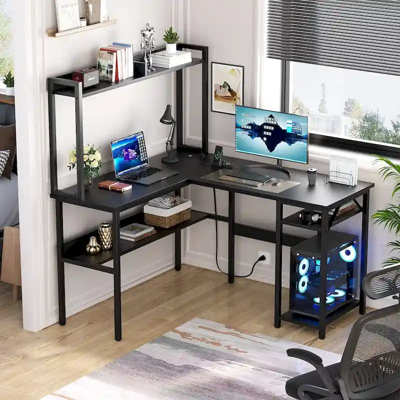 Bureau d'ordinateur en L avec huche et étagères de rangement, table de jeu d'angle