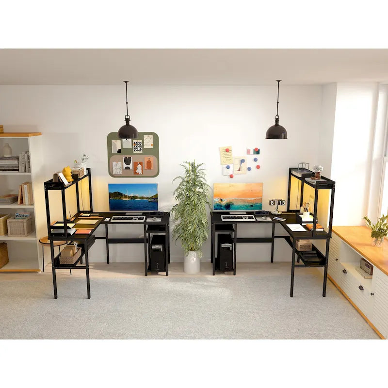 Bureau d'ordinateur en L avec huche et étagères de rangement, table de jeu d'angle