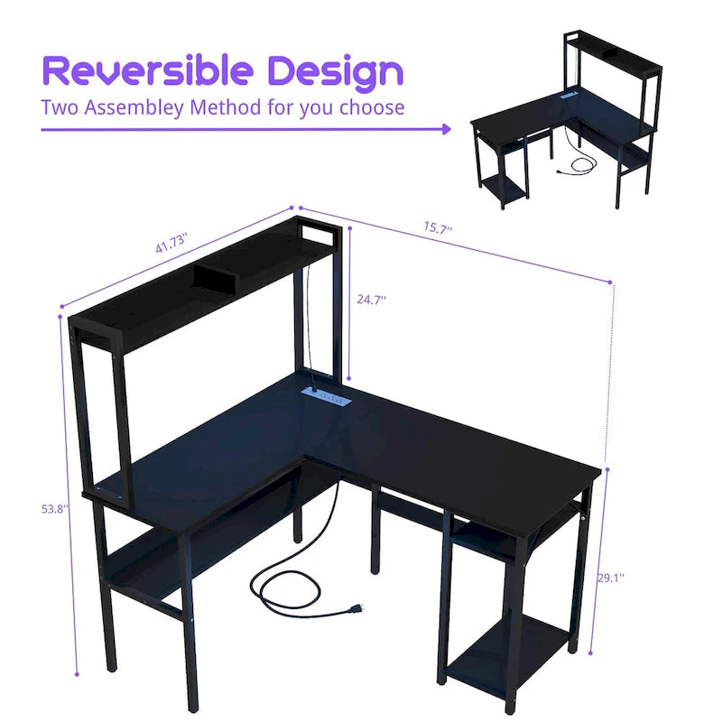 Bureau d'ordinateur en L avec huche et étagères de rangement, table de jeu d'angle