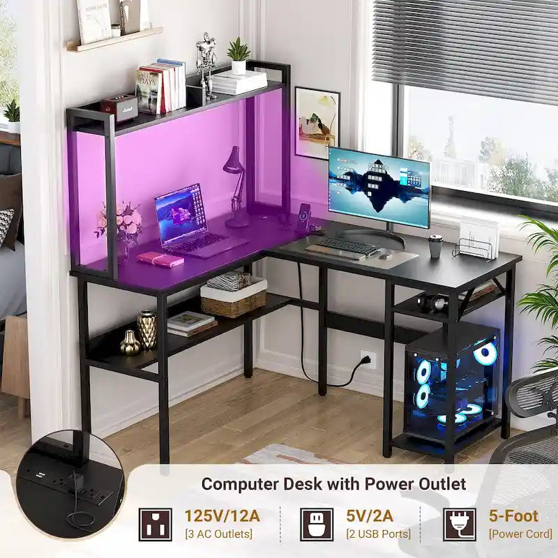 Bureau d'ordinateur en L avec huche et étagères de rangement, table de jeu d'angle