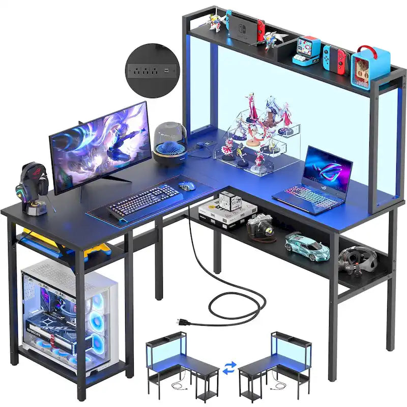 Bureau d'ordinateur en L avec huche et étagères de rangement, table de jeu d'angle