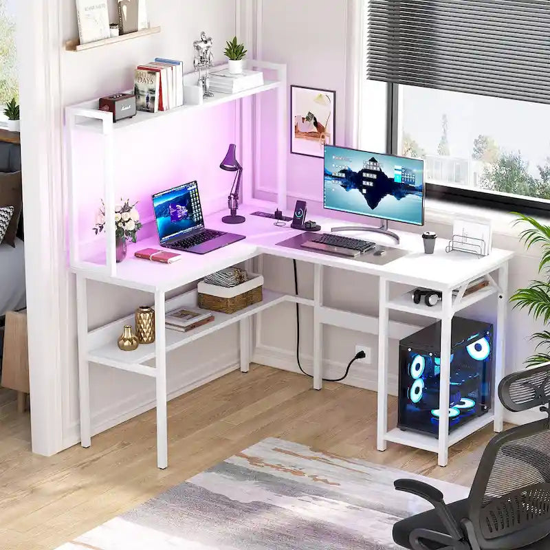 Bureau d'ordinateur en L avec huche et étagères de rangement, table de jeu d'angle