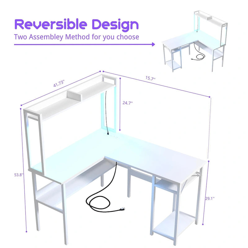 Bureau d'ordinateur en L avec huche et étagères de rangement, table de jeu d'angle