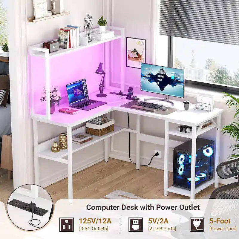 Bureau d'ordinateur en L avec huche et étagères de rangement, table de jeu d'angle