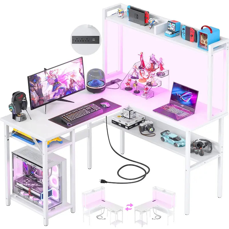 Bureau d'ordinateur en L avec huche et étagères de rangement, table de jeu d'angle