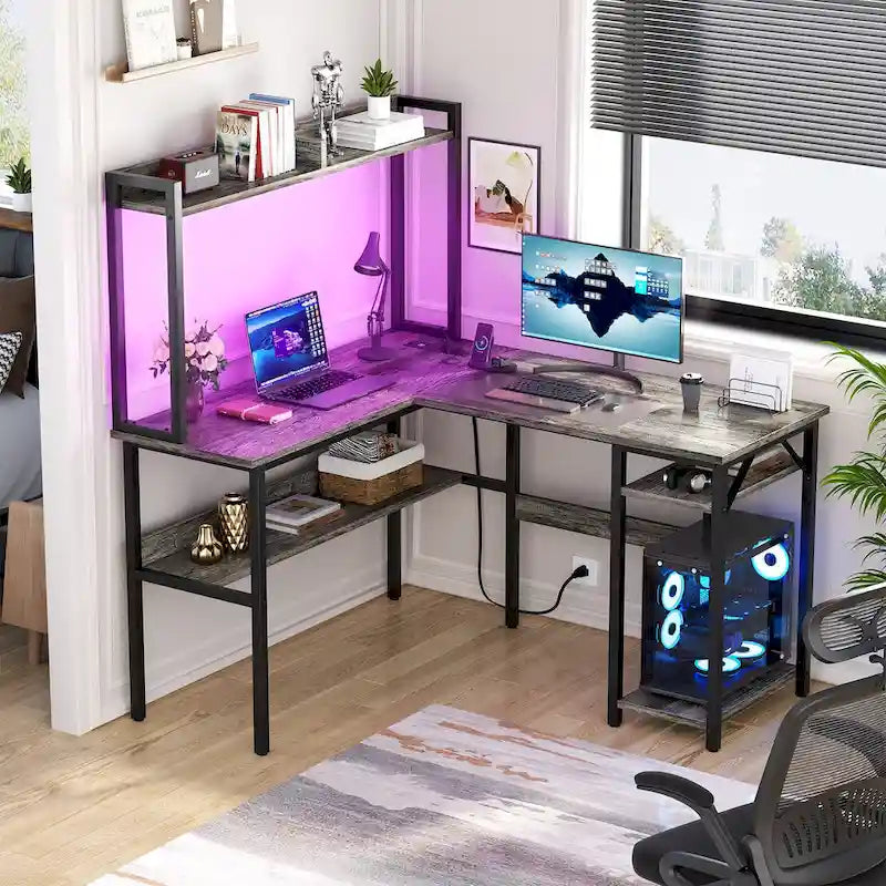 Bureau d'ordinateur en L avec huche et étagères de rangement, table de jeu d'angle