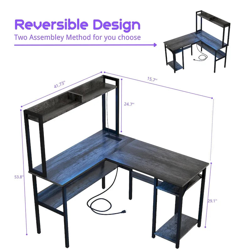 Bureau d'ordinateur en L avec huche et étagères de rangement, table de jeu d'angle