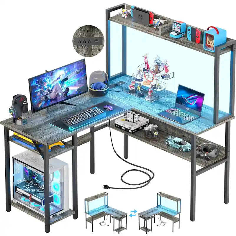 Bureau d'ordinateur en L avec huche et étagères de rangement, table de jeu d'angle