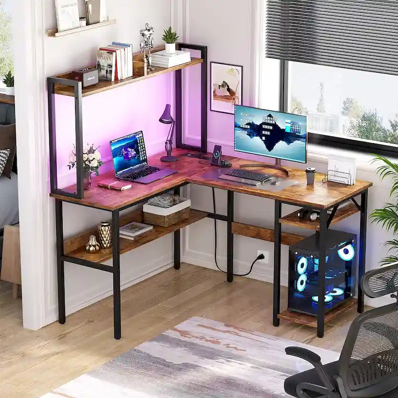 Bureau d'ordinateur en L avec huche et étagères de rangement, table de jeu d'angle