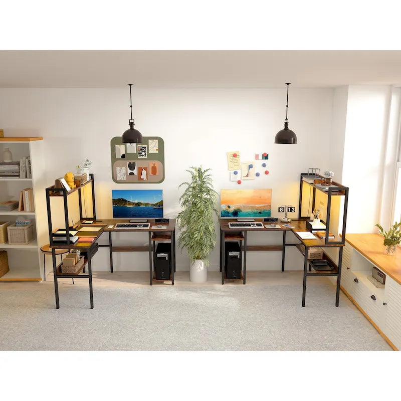 Bureau d'ordinateur en L avec huche et étagères de rangement, table de jeu d'angle