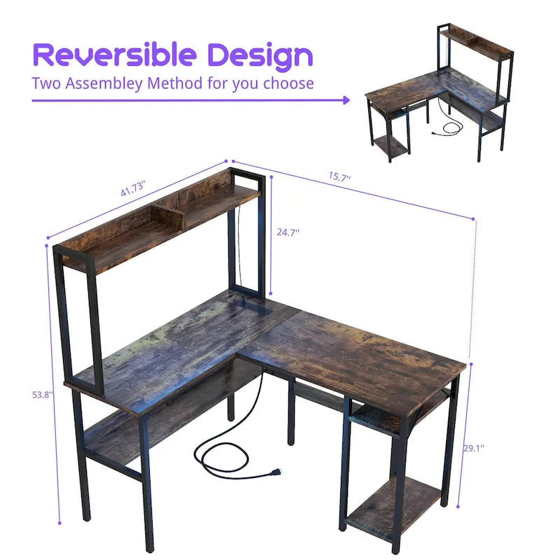 Bureau d'ordinateur en L avec huche et étagères de rangement, table de jeu d'angle