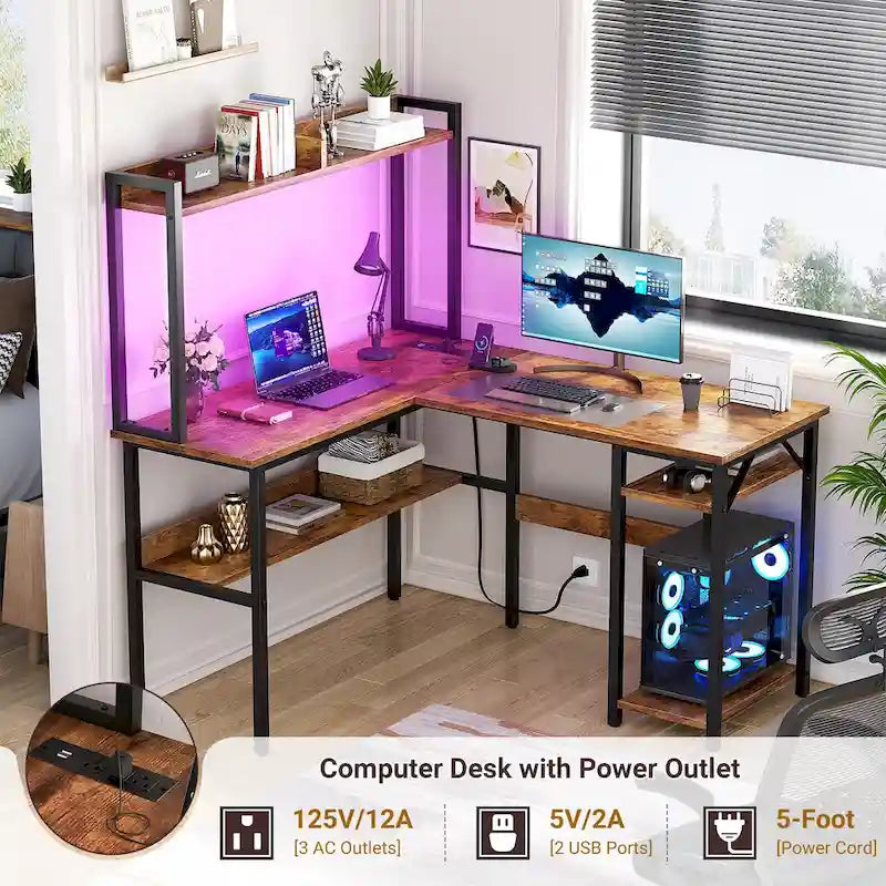 Bureau d'ordinateur en L avec huche et étagères de rangement, table de jeu d'angle
