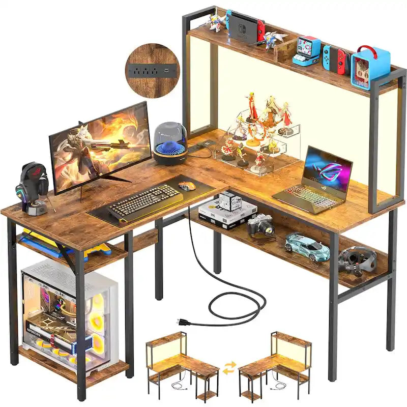 Bureau d'ordinateur en L avec huche et étagères de rangement, table de jeu d'angle