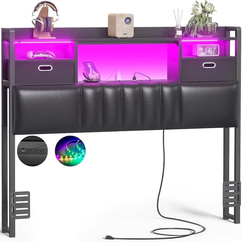 Tête de lit rembourrée avec tiroirs de rangement et éclairage LED RGB, tête de lit robuste