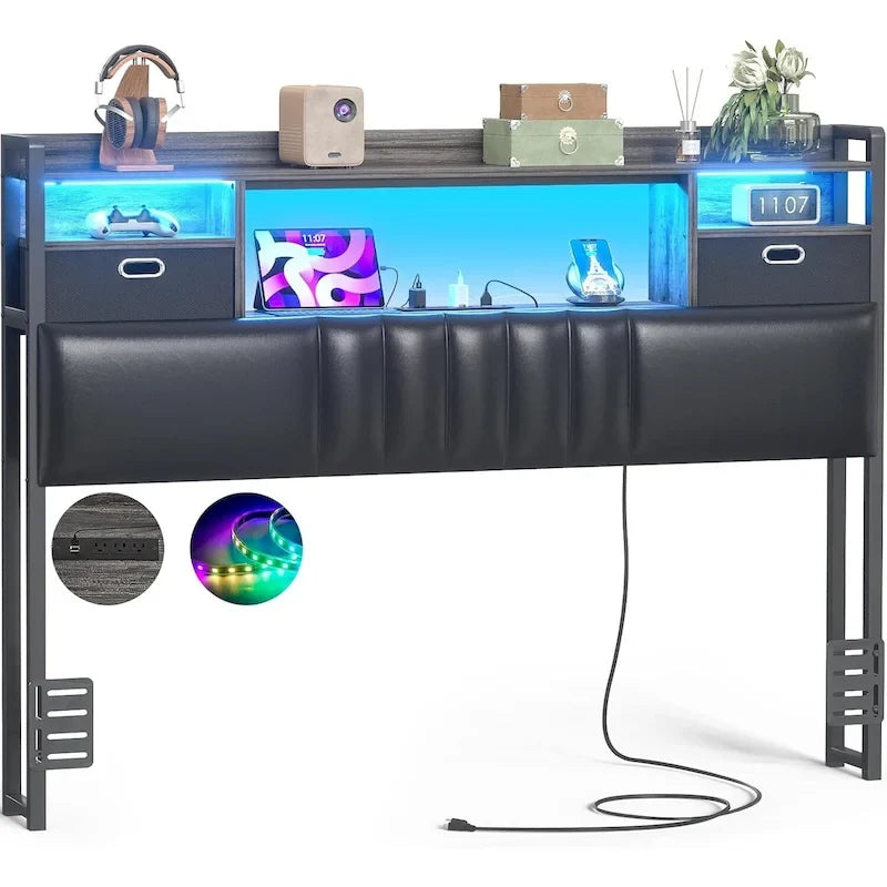 Tête de lit rembourrée avec tiroirs de rangement et éclairage LED RGB, tête de lit robuste