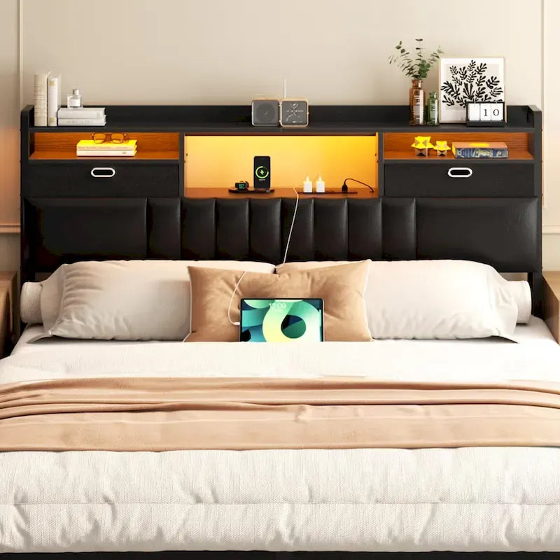 Upholstered Headboard with Drawer Storage and RGB LED Light, Sturdy Headboard with Charging Station  Bookcase