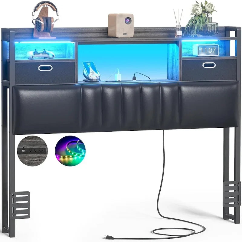 Tête de lit rembourrée avec tiroirs de rangement et éclairage LED RGB, tête de lit robuste