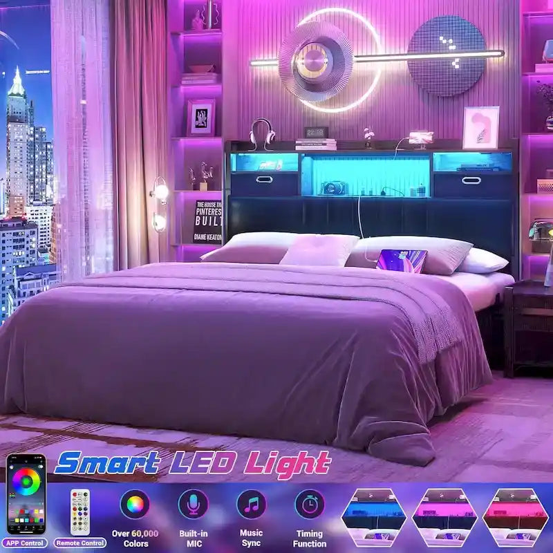 Tête de lit rembourrée avec tiroirs de rangement et éclairage LED RGB, tête de lit robuste