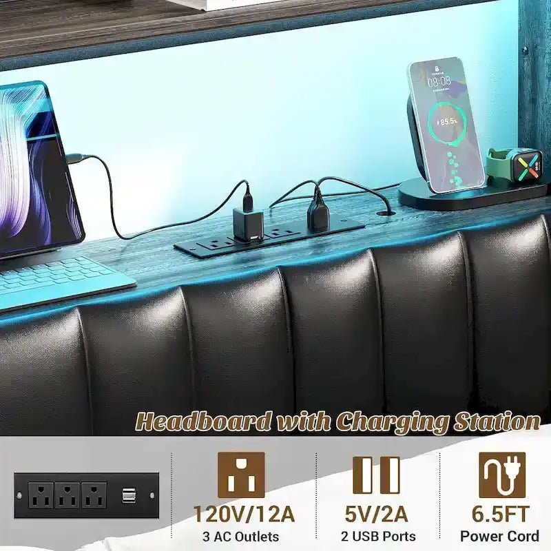 Tête de lit rembourrée avec tiroirs de rangement et éclairage LED RGB, tête de lit robuste