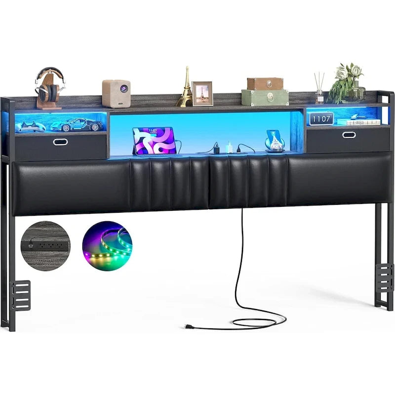Tête de lit rembourrée avec tiroirs de rangement et éclairage LED RGB, tête de lit robuste