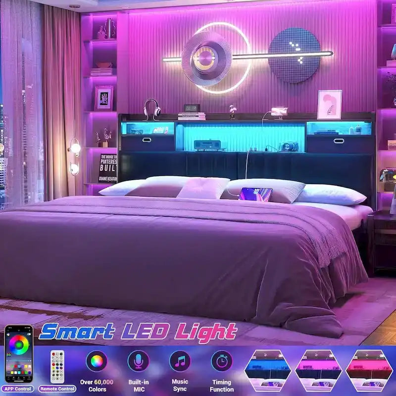 Tête de lit rembourrée avec tiroirs de rangement et éclairage LED RGB, tête de lit robuste